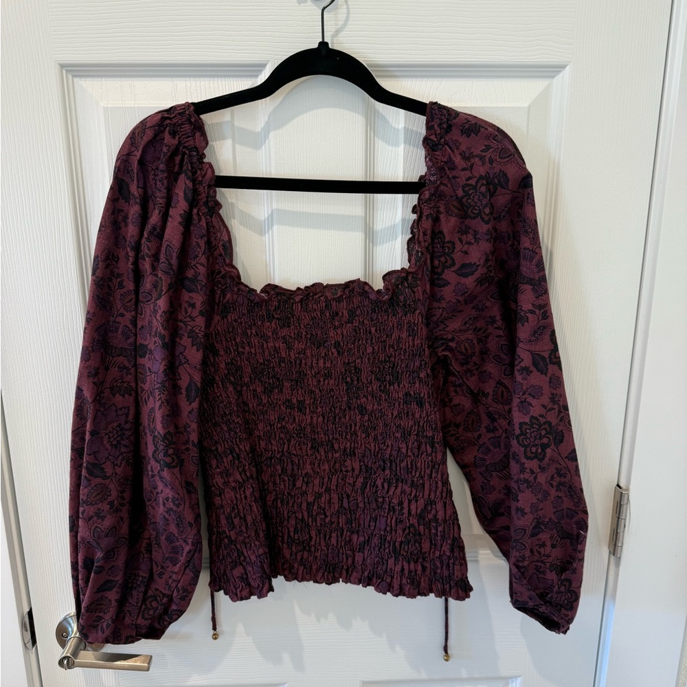 Free People Burgundy Floral Smocked Blouse